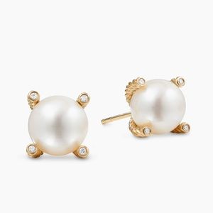 David Yurman Gold Diamond Pearl Stud Earrings